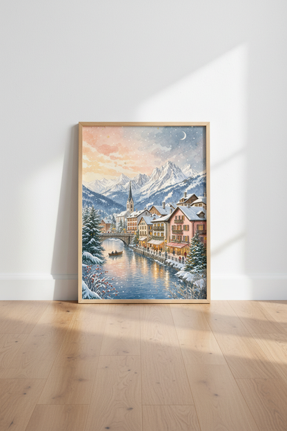 Winter Alpine Village Watercolor Art | Snowy Mountain Landscape, Cozy Christmas Decor