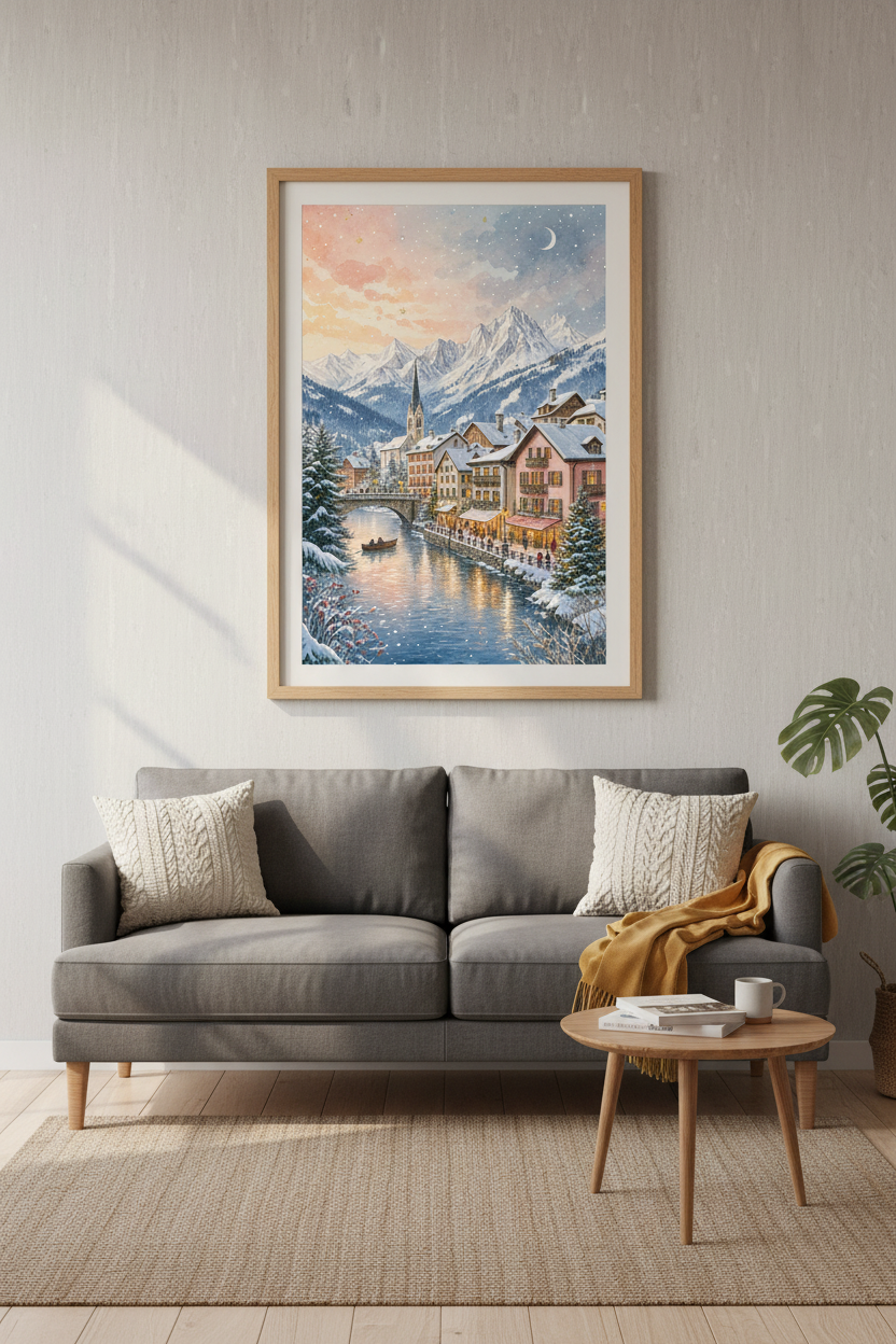 Winter Alpine Village Watercolor Art | Snowy Mountain Landscape, Cozy Christmas Decor