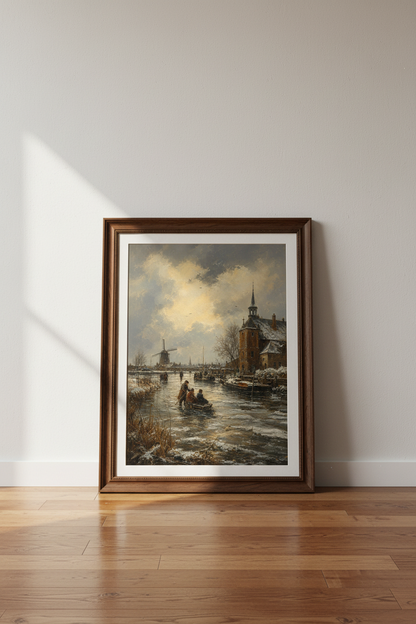 Winter Town Wall Art | Impressionist Snowy Village, Living Room Decor