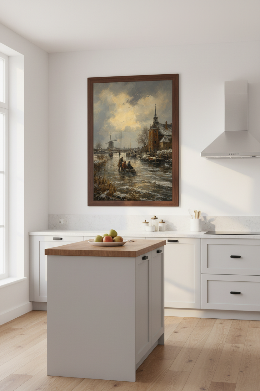 Winter Town Wall Art | Impressionist Snowy Village, Living Room Decor