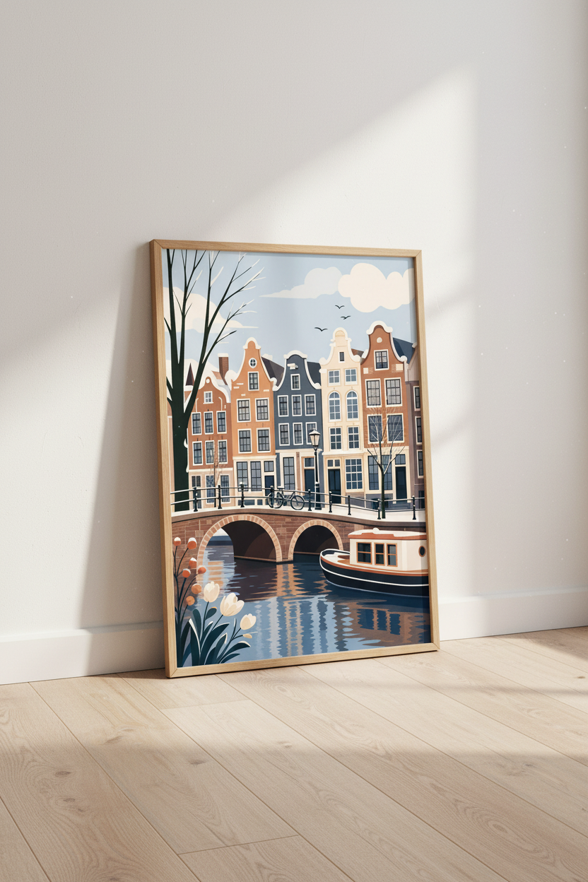 Amsterdam Canal Wall Art | Dutch Cityscape Decor, Modern Travel Poster