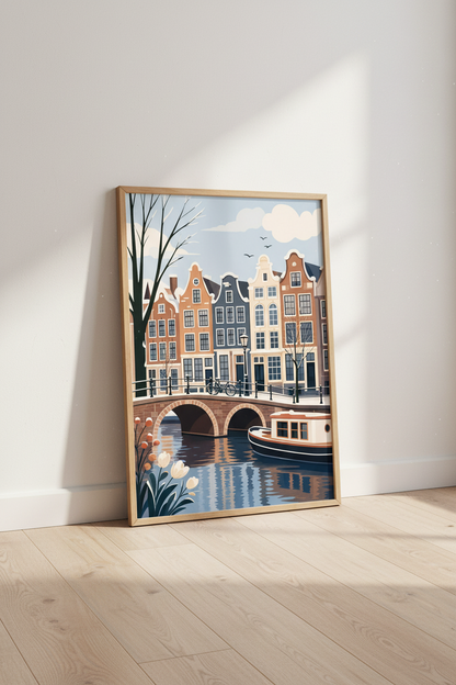 Amsterdam Canal Wall Art | Dutch Cityscape Decor, Modern Travel Poster