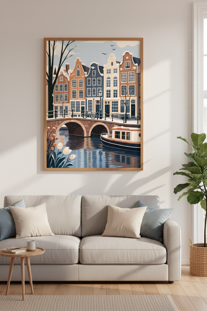 Amsterdam Canal Wall Art | Dutch Cityscape Decor, Modern Travel Poster