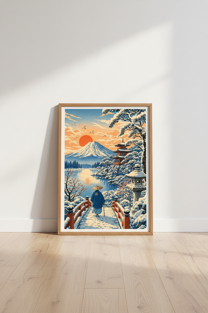 Japanese Winter Landscape | Mount Fuji Ukiyo-e Poster, Zen Home Decor