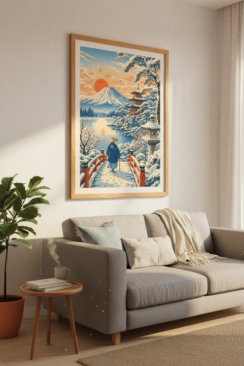 Japanese Winter Landscape | Mount Fuji Ukiyo-e Poster, Zen Home Decor