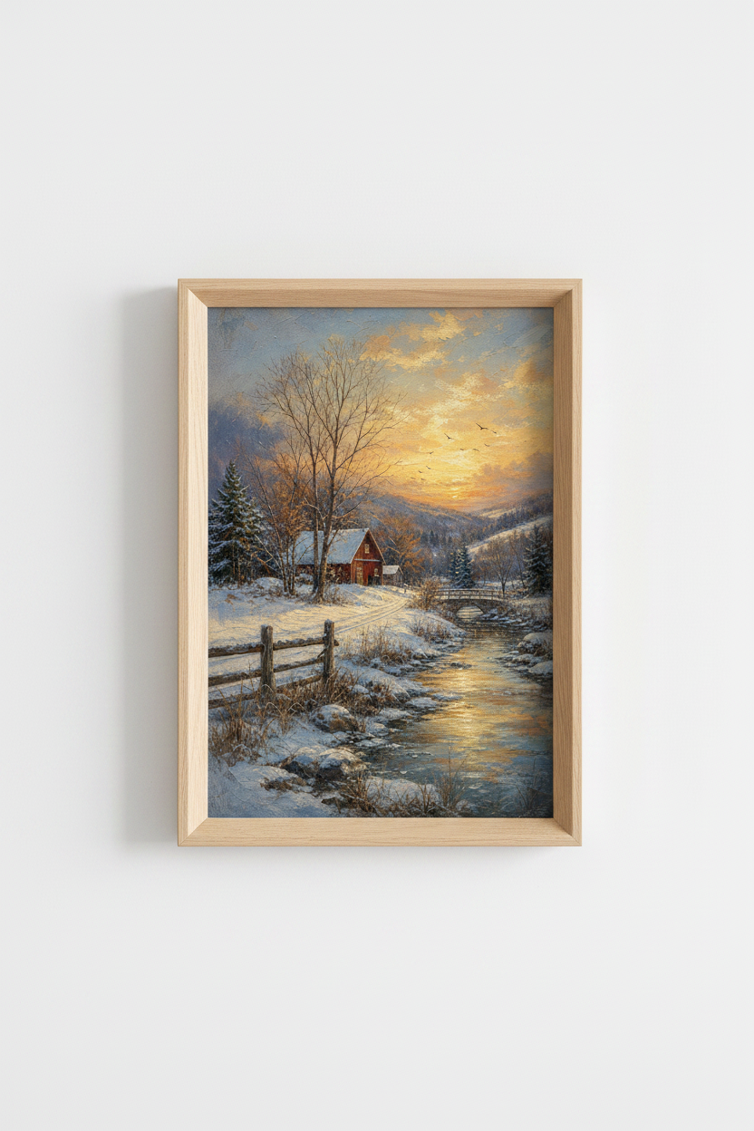 Winter wall art | Rustic Snow Scene, Cabin Cozy Living Room Decor