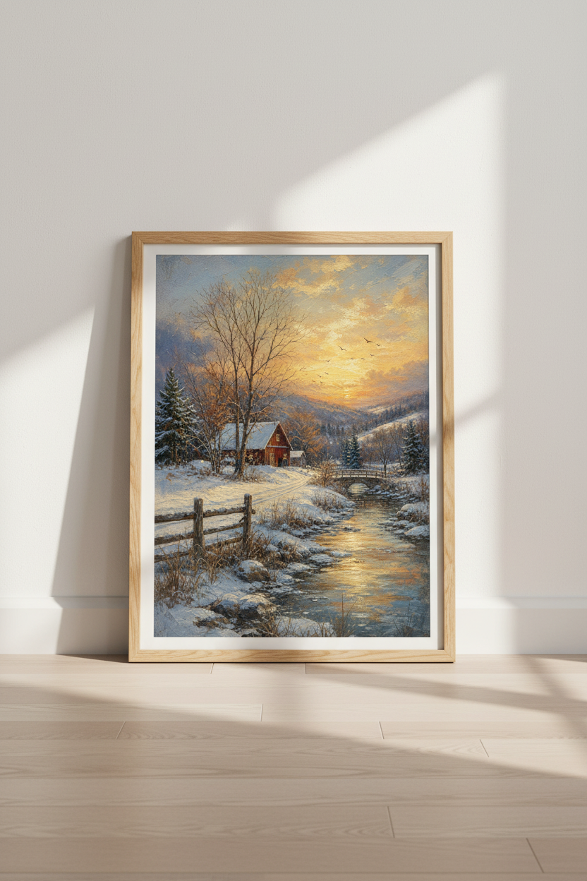 Winter wall art | Rustic Snow Scene, Cabin Cozy Living Room Decor
