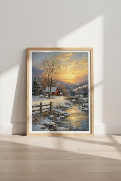 Winter wall art | Rustic Snow Scene, Cabin Cozy Living Room Decor