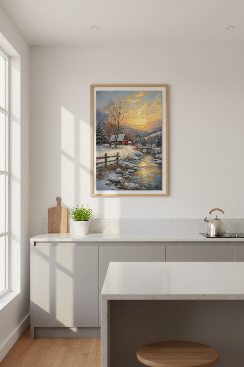 Winter wall art | Rustic Snow Scene, Cabin Cozy Living Room Decor