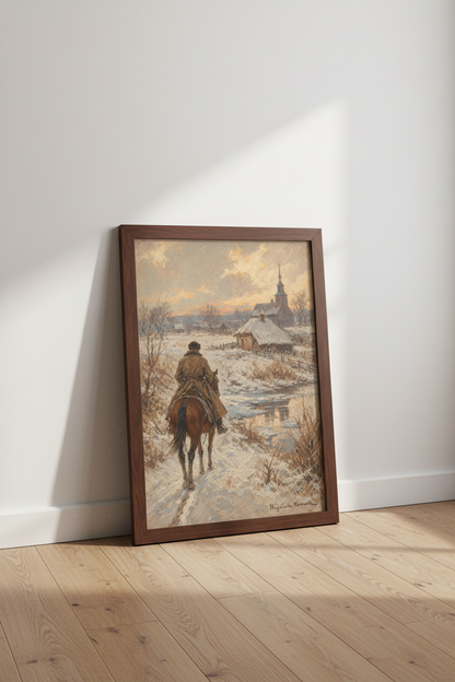 Winter village art | Classic Impressionist Snow Scene, Living Room Decor