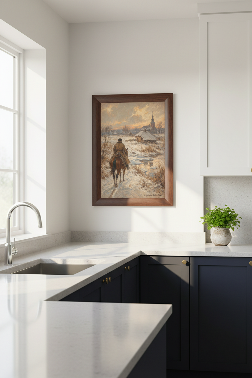 Winter village art | Classic Impressionist Snow Scene, Living Room Decor
