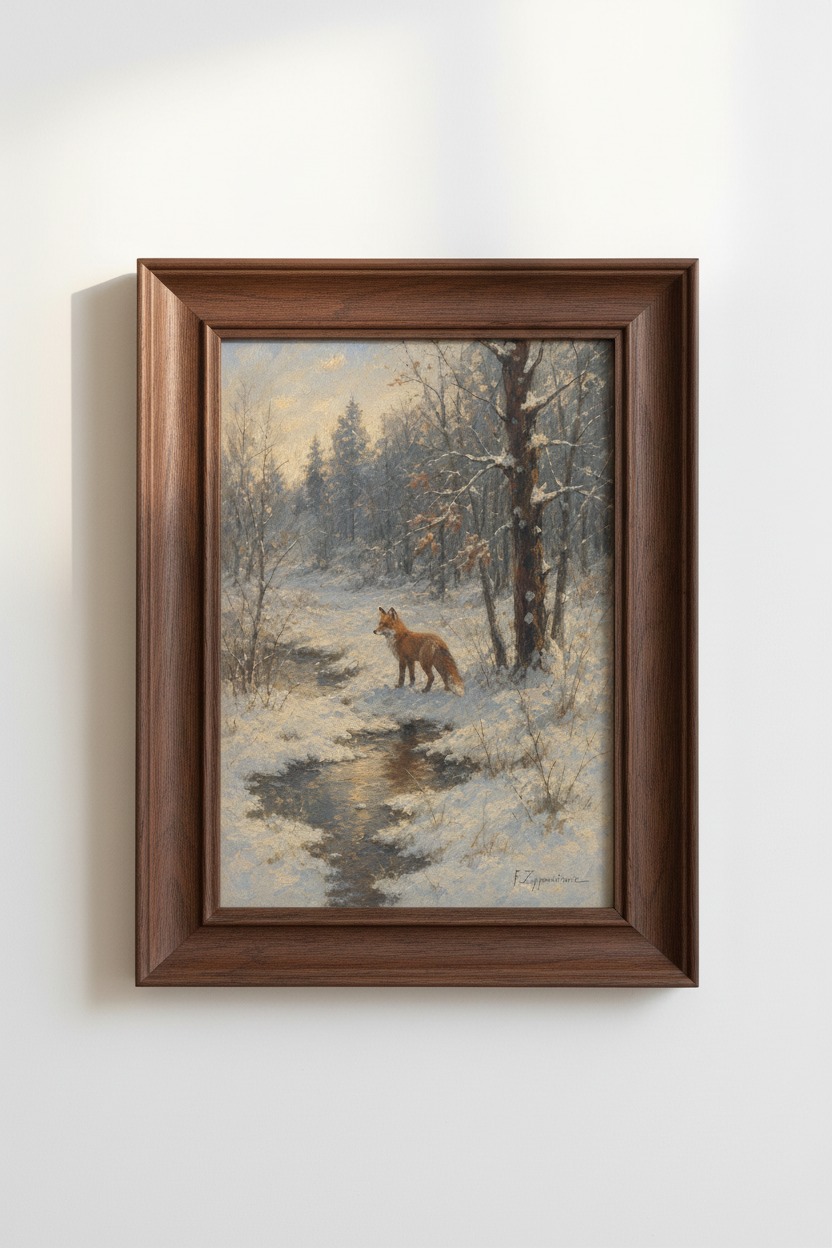 Winter Fox Wall Art | Frosty Forest Scene, Calm Blue Decor