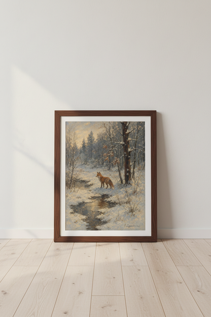 Winter Fox Wall Art | Frosty Forest Scene, Calm Blue Decor
