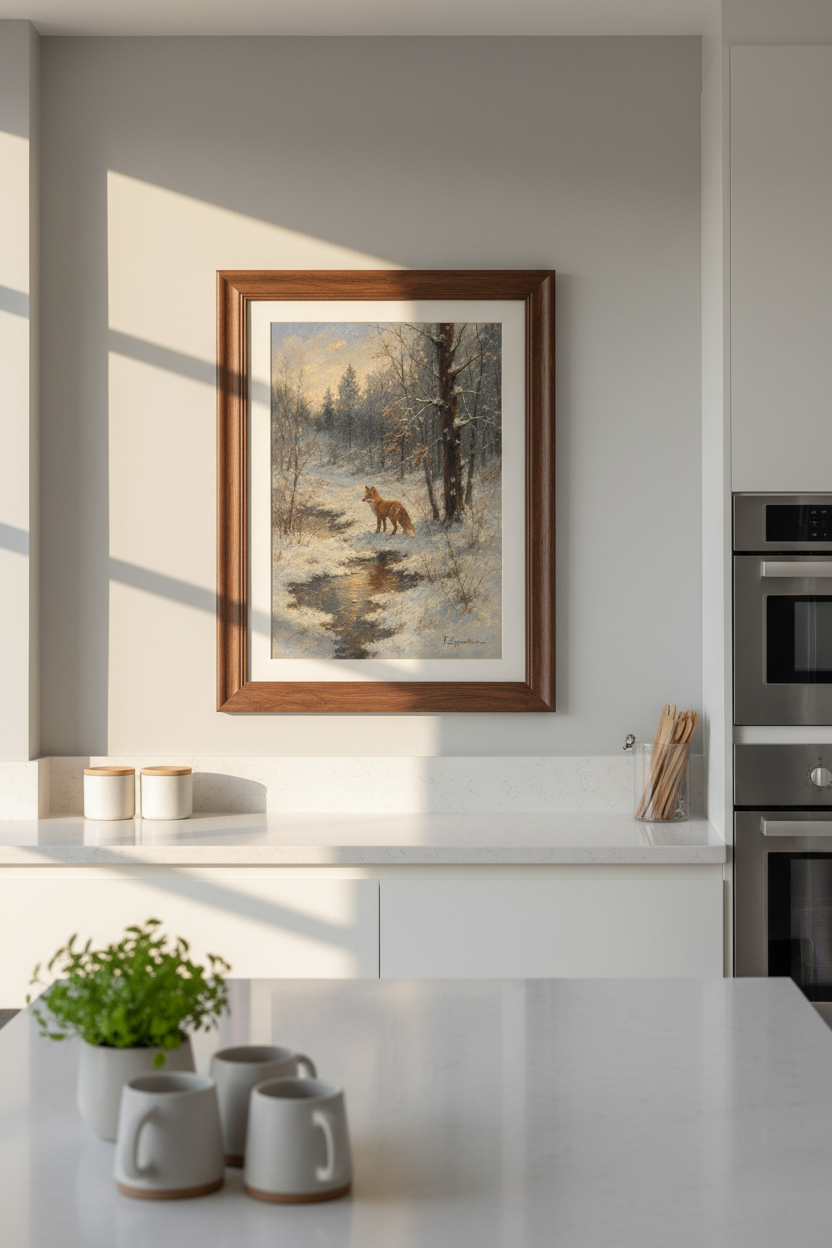 Winter Fox Wall Art | Frosty Forest Scene, Calm Blue Decor