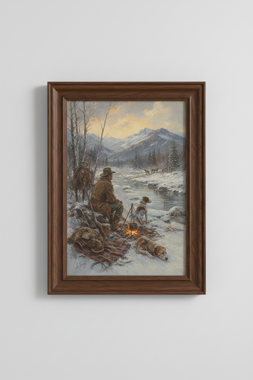 Mountain Winter Wall Art | Rustic Alpine Scene, Lodge Living Room Decor