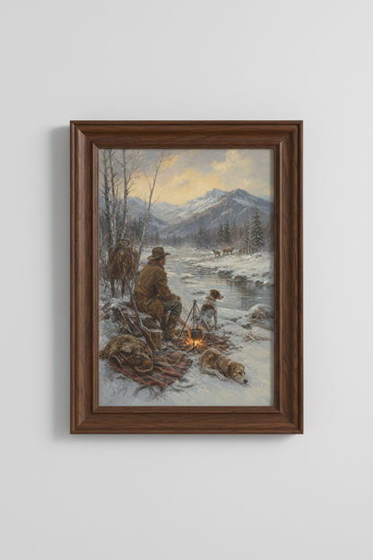 Mountain Winter Wall Art | Rustic Alpine Scene, Lodge Living Room Decor