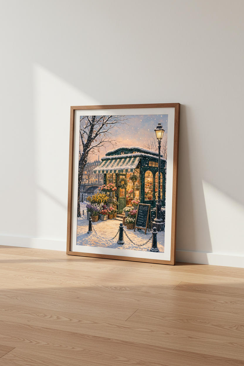 Paris Flower Shop Winter Art | Snowy Cityscape Poster, Cozy French Decor
