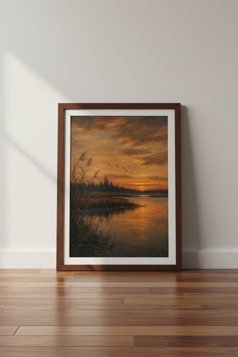Oil Painting Sunset Wall Art Print | Living Room Decor | Warm Amber Poster