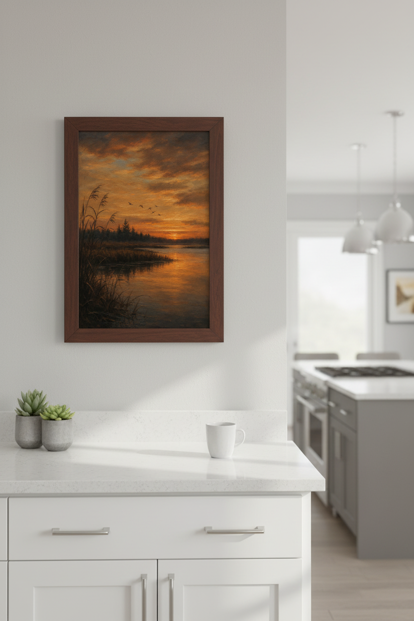 Oil Painting Sunset Wall Art Print | Living Room Decor | Warm Amber Poster