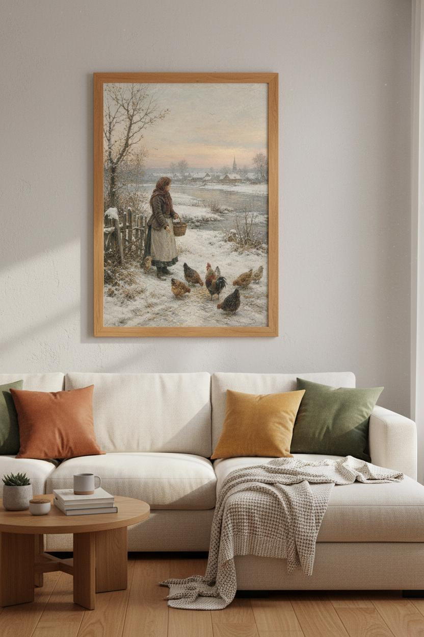 Winter Village Scene | Vintage Farmhouse Style, Hen &amp; Chicken Wall Art Print