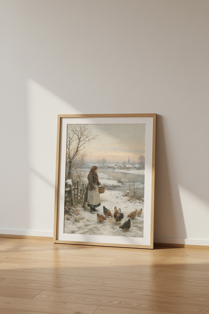Winter Village Scene | Vintage Farmhouse Style, Hen &amp; Chicken Wall Art Print