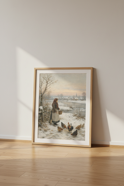 Winter Village Scene | Vintage Farmhouse Style, Hen &amp; Chicken Wall Art Print