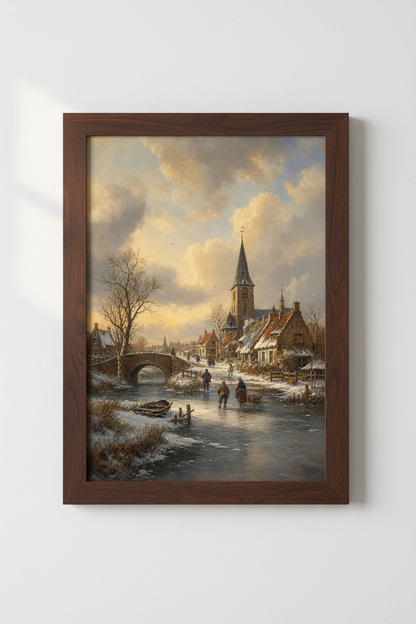 Winter Village Print | Rustic Scene, Warm Tones | Living Room Decor
