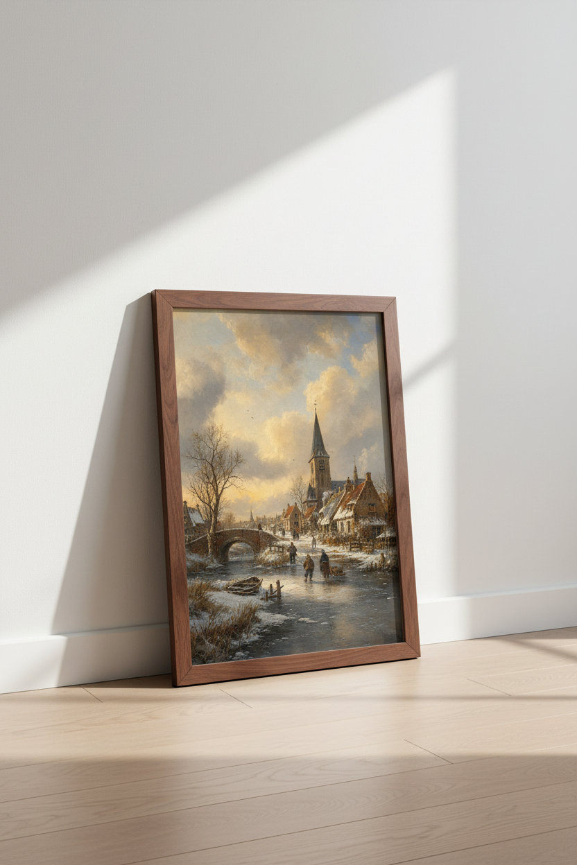 Winter Village Print | Rustic Scene, Warm Tones | Living Room Decor