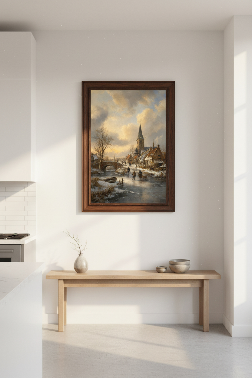 Winter Village Print | Rustic Scene, Warm Tones | Living Room Decor