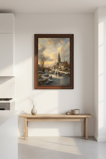 Winter Village Print | Rustic Scene, Warm Tones | Living Room Decor