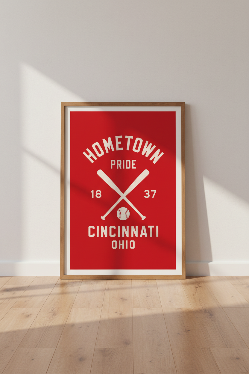 Cincinnati Baseball Wall Art | Retro Ohio Sports Print, Man Cave Decor