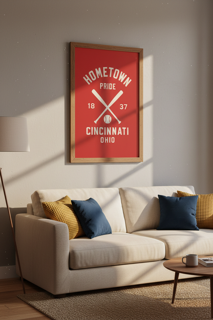 Cincinnati Baseball Wall Art | Retro Ohio Sports Print, Man Cave Decor