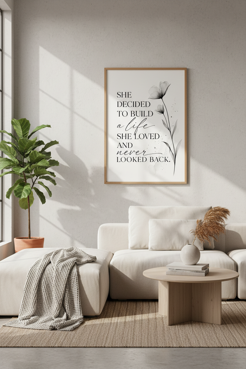 She Decided to Build a Life She Loved | Black Floral Quote, Bedroom Decor Poster