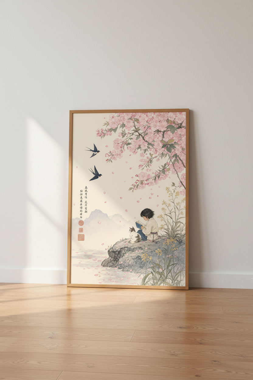 Japanese Cherry Blossom Wall Art | Boy and Cat Reading, Zen Nursery Decor Poster