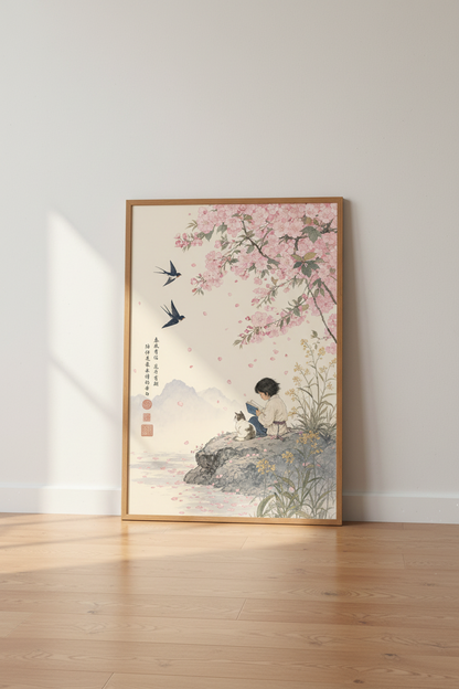 Japanese Cherry Blossom Wall Art | Boy and Cat Reading, Zen Nursery Decor Poster