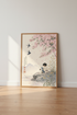 Japanese Cherry Blossom Wall Art | Boy and Cat Reading, Zen Nursery Decor Poster