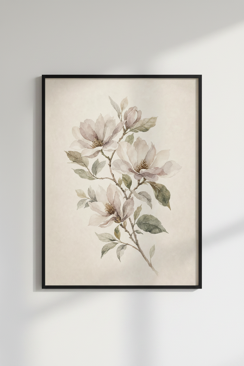 Magnolia Floral Watercolor Art | Muted Cream &amp; Sage Botanical, Minimalist Decor