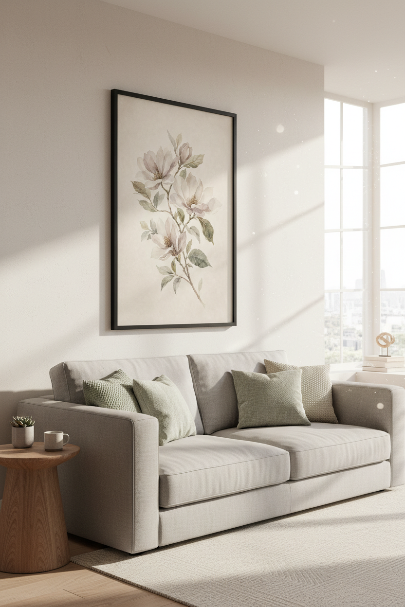 Magnolia Floral Watercolor Art | Muted Cream &amp; Sage Botanical, Minimalist Decor