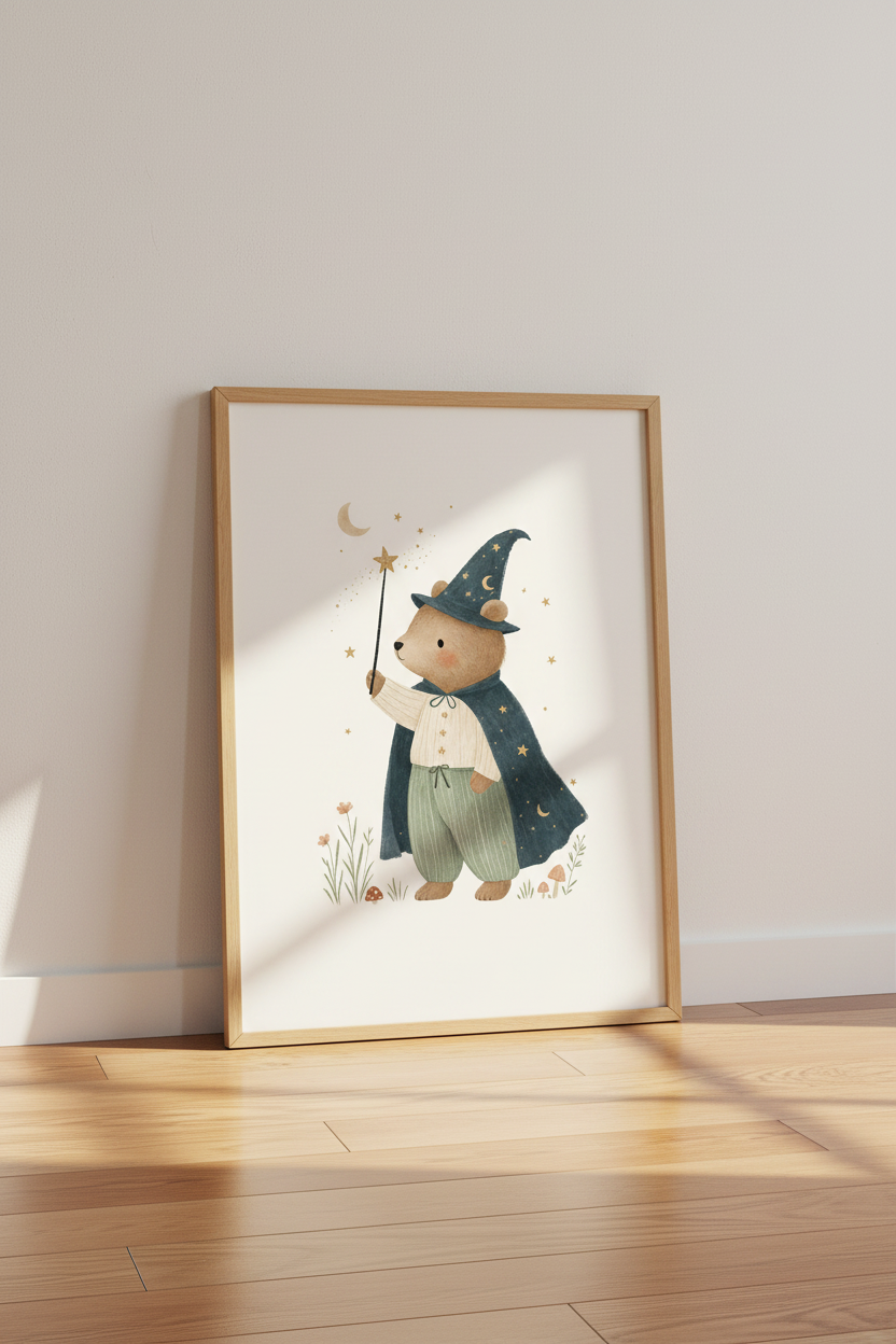 Wizard Bear Wall Art Print | Whimsical Nursery Decor | Celestial Storybook Poster