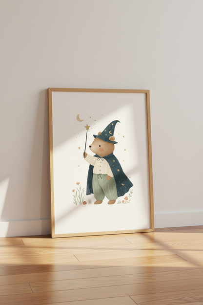 Wizard Bear Wall Art Print | Whimsical Nursery Decor | Celestial Storybook Poster