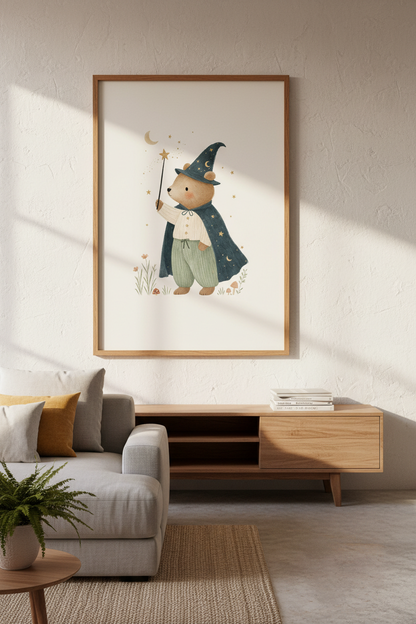 Wizard Bear Wall Art Print | Whimsical Nursery Decor | Celestial Storybook Poster