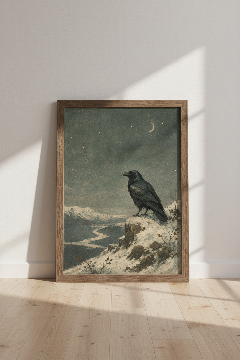 Raven on Winter Mountain Wall Art | Dark Academia Decor | Moody Crow Poster