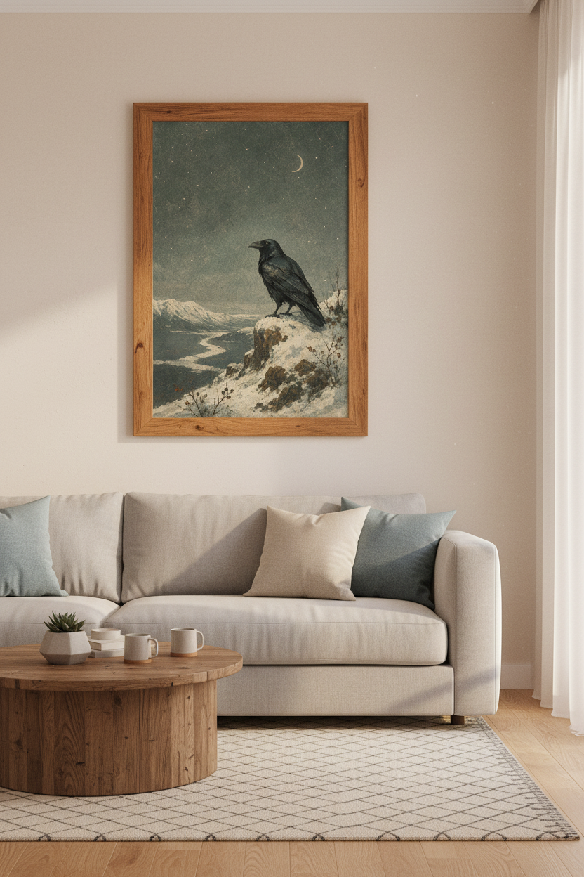 Raven on Winter Mountain Wall Art | Dark Academia Decor | Moody Crow Poster
