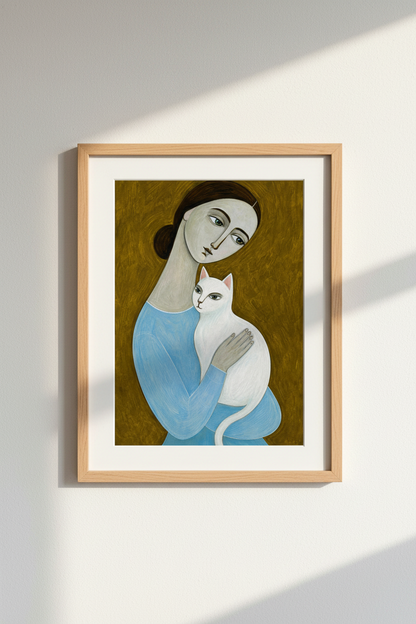 Modern Cubist Art Wall Art Print | Abstract Woman &amp; Cat Decor | Blue Mood Poster