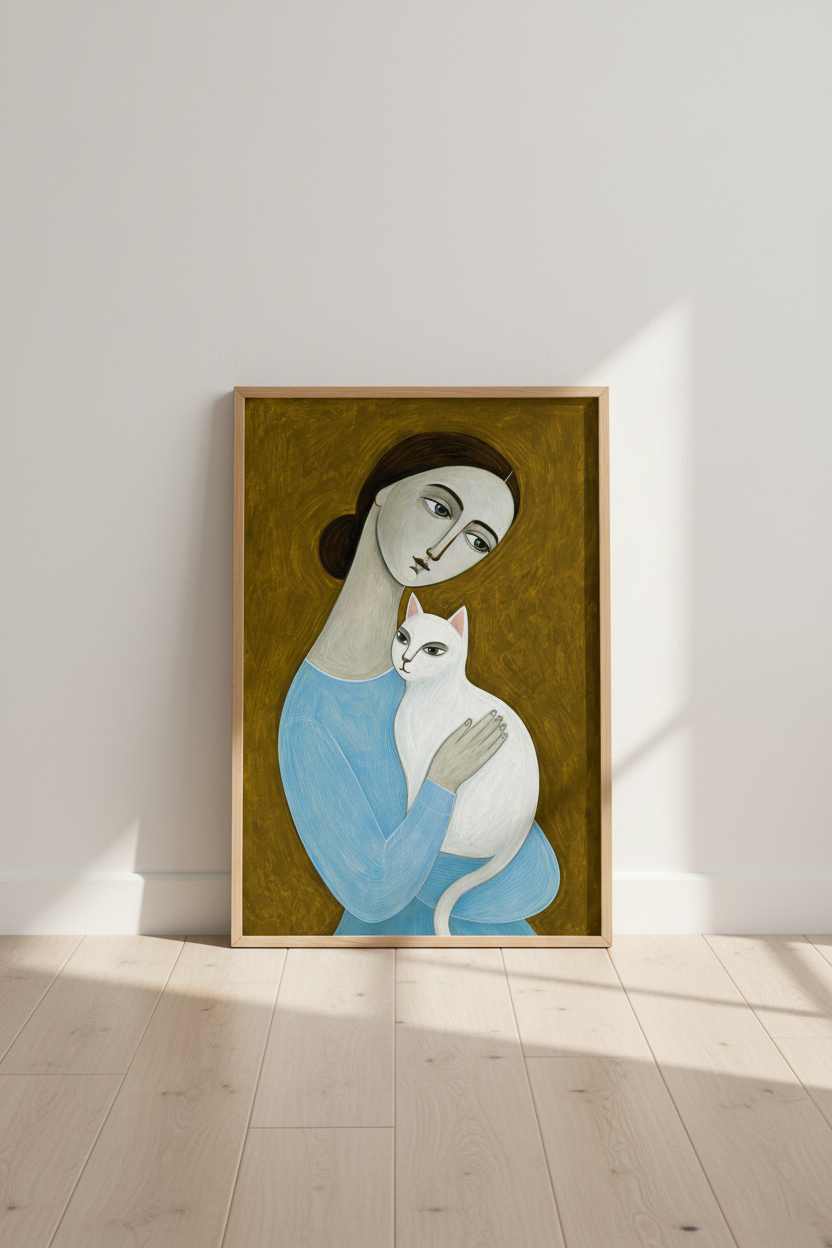 Modern Cubist Art Wall Art Print | Abstract Woman &amp; Cat Decor | Blue Mood Poster
