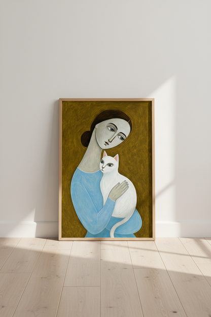Modern Cubist Art Wall Art Print | Abstract Woman &amp; Cat Decor | Blue Mood Poster