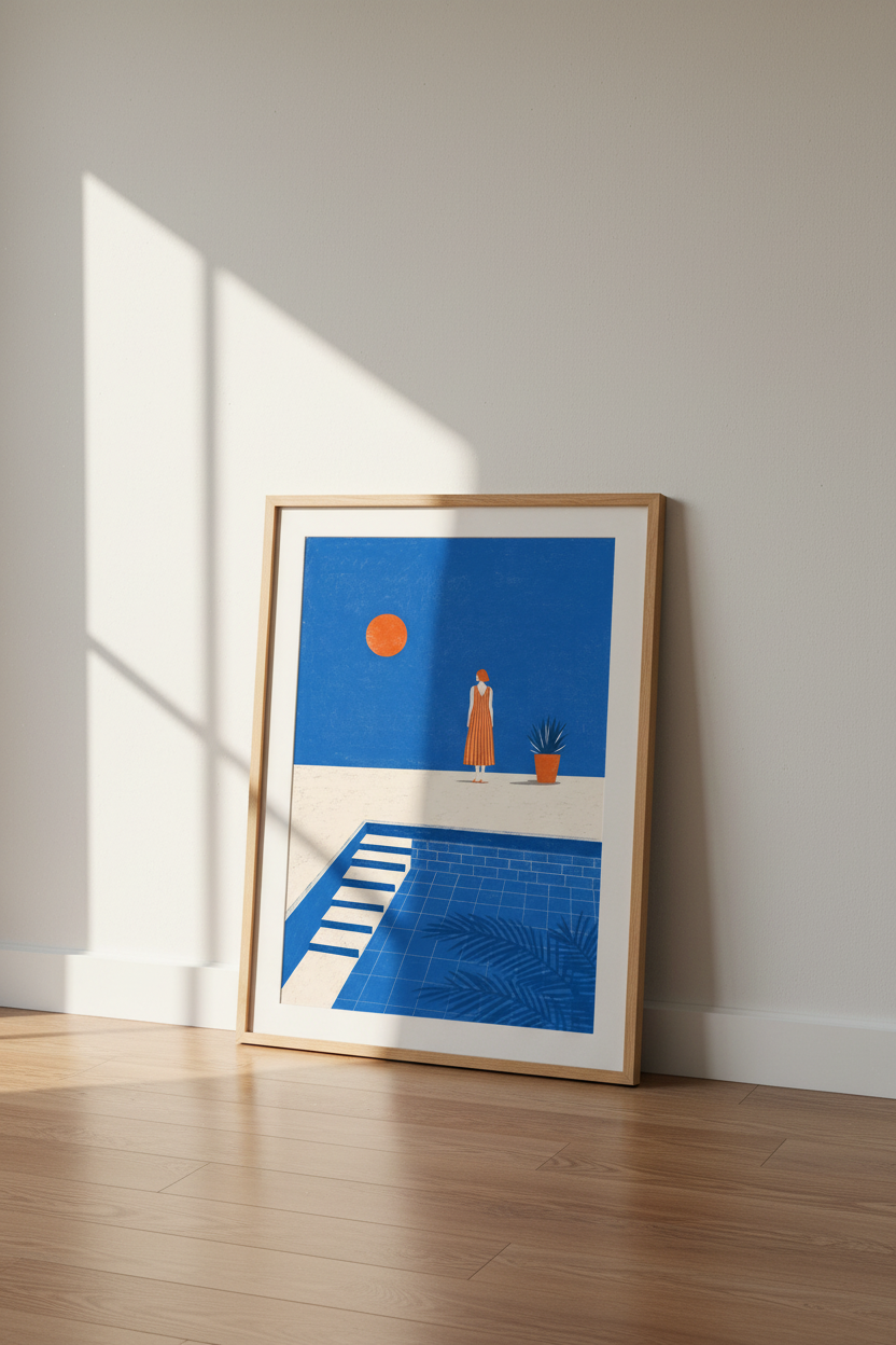 Minimalist Poolside Wall Art | Blue &amp; Orange Mediterranean Poster, Modern Room Decor