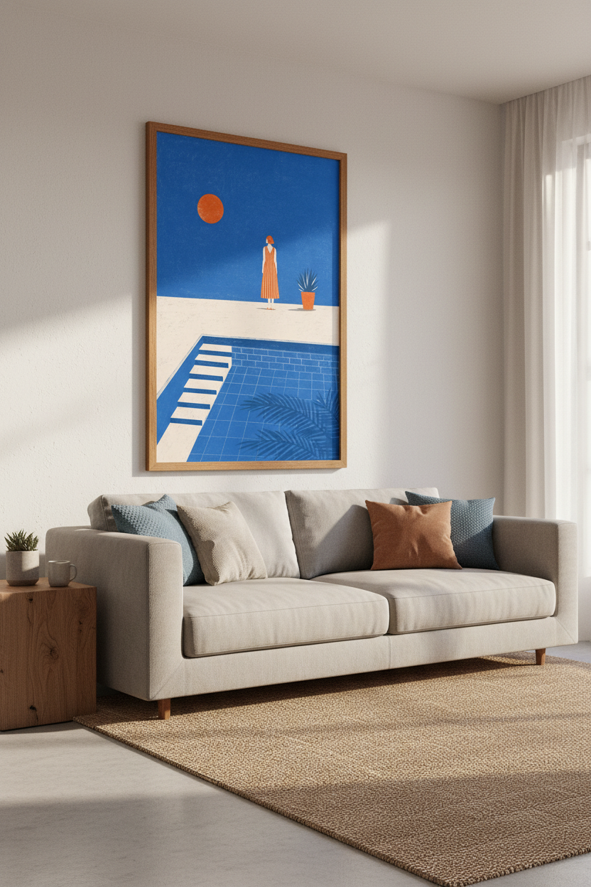 Minimalist Poolside Wall Art | Blue &amp; Orange Mediterranean Poster, Modern Room Decor