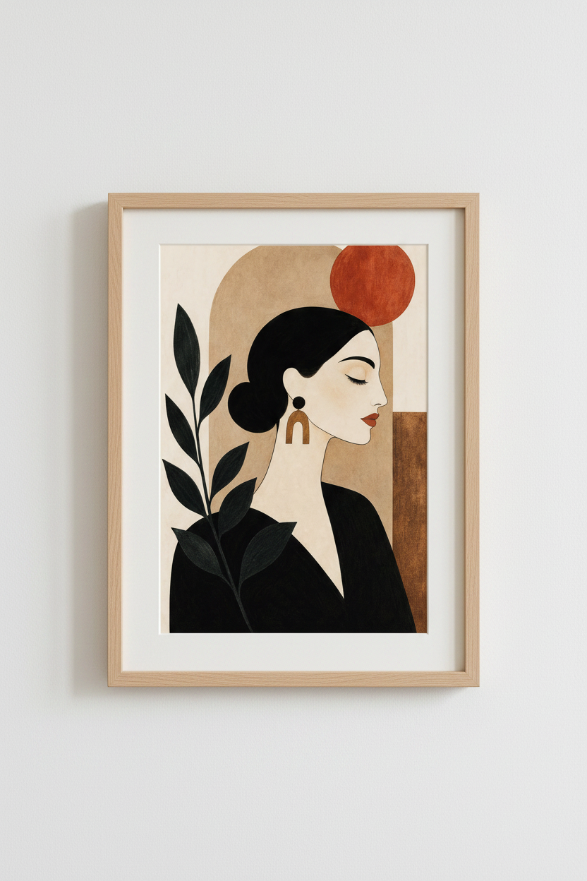 boho wall art print | Abstract femme portrait, earthy tones living room decor