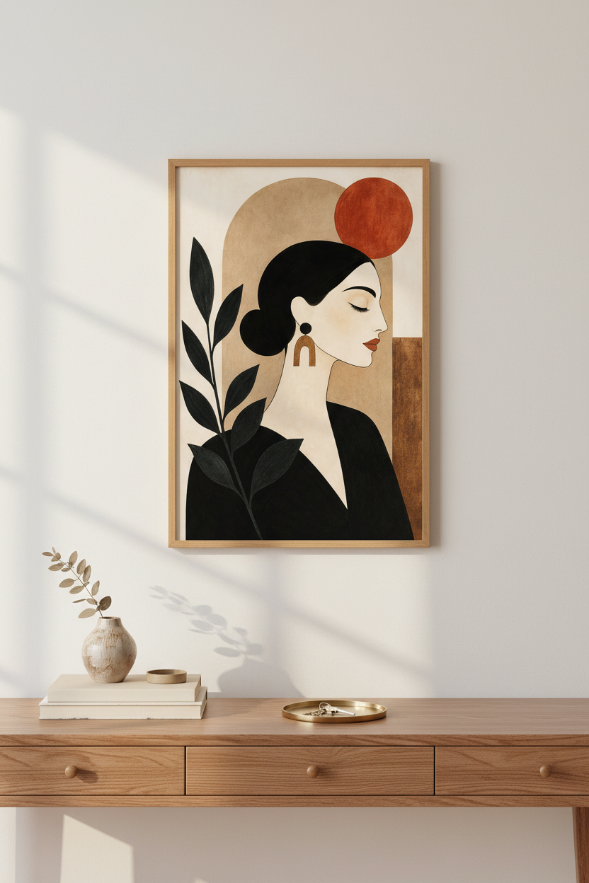 boho wall art print | Abstract femme portrait, earthy tones living room decor